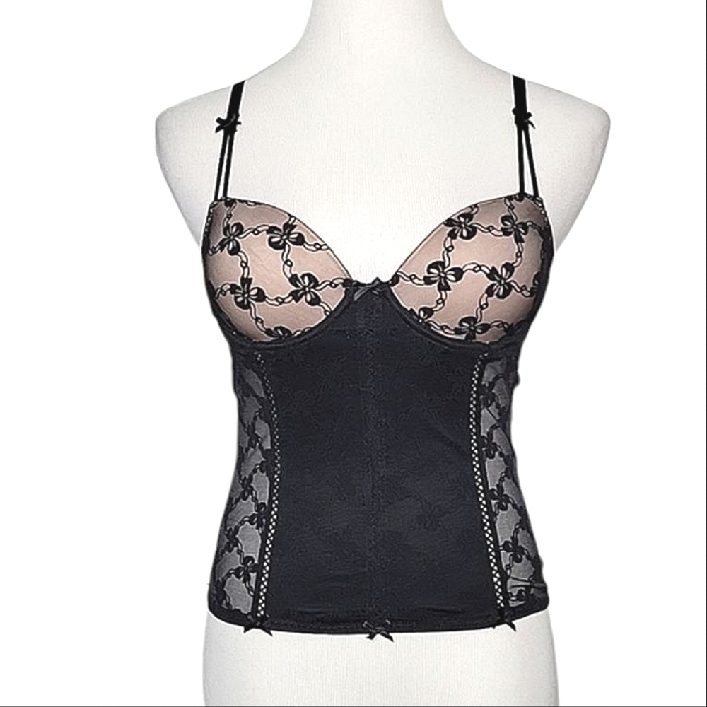 NWT Betsey Johnson Intimates Corset Bustier Boudoir Bow Lace Cami Tank Top 34A